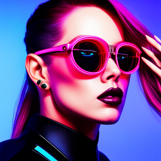 Cyberpunk, sci-fi, technologically advanced, sleek, mirrored lenses, neon colors, cybernetic implants, futuristic fashion