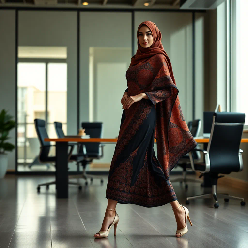 Arab woman, elegant hijab, professional setting, modern workplace, high heels, Middle Eastern culture, contemporary art, intricate patterns, vibrant colors, soft lighting, dynamic pose, cultural expression, delicate fabrics, office environment, confident demeanor, sophisticated fashion, grace and poise, diverse representation, cultural fusion, empowerment, modernism, Impressionism influences, human form, balance and harmony, Henri Matisse, modern elegance, intricate textile patterns, vibrant aesthetic, global influence, artistic expression, dignity and strength, atmospheric composition, elegant lines, harmonious palette, seamless integration, modern artistry