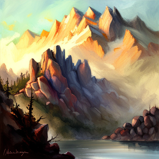 majestic peaks, rugged terrain, atmospheric perspective, muted colors, Impressionism, Hudson River School, light and shadow, texture, acrylic paint, landscape painting, naturalism, serenity, grandeur, scale, plein air, rocky outcroppings, dramatic sky, asymmetry, depth, soft brushstrokes, tranquility