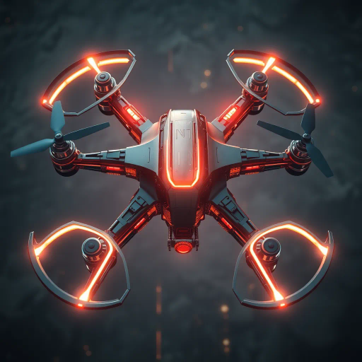 futuristic drone technology, high-tech innovation, sleek design, dynamic motion, metallic textures, neon glow, aerial perspective, ultra-modern, intricate circuitry, precision engineering, cinematic lighting, vibrant color palette, symmetrical composition, futuristic landscape, inspired by Syd Mead, cybernetic influences, aerodynamic structure, digital precision, technological advancement
