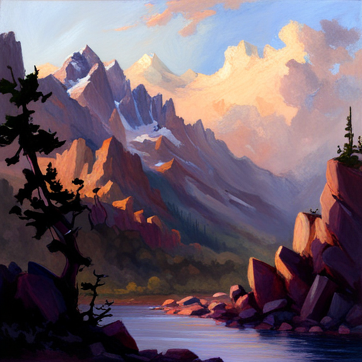 majestic peaks, rugged terrain, atmospheric perspective, muted colors, Impressionism, Hudson River School, light and shadow, texture, acrylic paint, naturalism, serenity, grandeur, scale, plein air, rocky outcroppings, dramatic sky, asymmetry, depth, soft brushstrokes, tranquility, landscape-painting