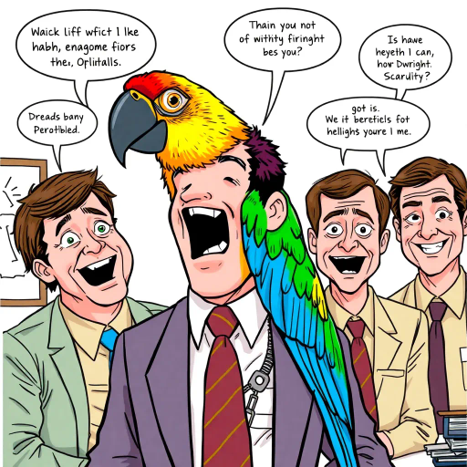 Michael Scott, colorful parrot, vibrant colors, humorous expression, dynamic composition, satirical tone, exaggerated features, playful mood, pop art style, witty dialogue, tv sitcom influences, The Office, ensemble cast, mockumentary style, quirky everyday life, Steve Carell, Dunder Mifflin, character dynamics, cultural phenomenon, office antics, relatable humor, expressive line work, sequential art story, Americana, iconic moments, lighthearted ambiance, dynamic poses, Jim Halpert, Pam Beesly, Dwight Schrute, vibrant personalities, comedic timing, sketch-like outlines, cartoonish exaggeration, character-centric atmosphere, humor-driven narratives, pop culture references, engaging storytelling, satirical composition, workplace comedy essence, workplace relationships