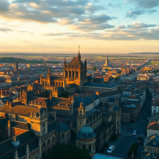 medieval cityscape, glowing twilight, perched on hilltop, vibrant colors, Claude Lorrain influence, golden hour lighting, ethereal atmosphere, lush landscapes, towering spires, intricate architecture, cobblestone streets, panoramic views, sweeping vistas, rich texture, romanticism, detailed engravings, enchanting aura, timeless beauty, serene ambiance, historical roots, narrative storytelling, mystical realm, elevated perspective, imaginative vision, dreamlike setting, magical realism, atmospheric haze, visual poetry, harmonious balance, artistic expression, visionary landscape, fantasy essence, enchanting visuals, Claude Monet inspiration, Baroque influence, tapestry of color, luminous glow, enchanting spell, whimsical charm, historical narrative, romantic era, pastel hues, soft shadows