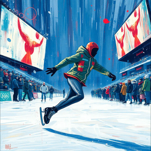 elegance in motion, winter skater, olympic spirit, crystalline ice, dynamic fluidity, ethereal grace, hyper-detailed, blue and silver hues, sparkling frost, dramatic lighting, Edgar Degas influence, elegant choreography, sportsmanship, athletic poise, icy textures, frozen landscape, sweeping panoramas, high speed motion, intricate costumes, reflective surfaces, celebratory atmosphere, geometric patterns, seamless flow, cultural celebration, human form, sleek lines, emotive expressions, giant scale, grand spectacle, movement in silence, abstract impressions