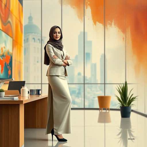 Arab woman, elegant hijab, professional setting, modern workplace, high heels, Middle Eastern culture, contemporary art, intricate patterns, vibrant colors, soft lighting, dynamic pose, cultural expression, delicate fabrics, office environment, confident demeanor, sophisticated fashion, grace and poise, diverse representation, cultural fusion, empowerment, modernism, Impressionism influences, human form, balance and harmony, Henri Matisse, modern elegance, intricate textile patterns, vibrant aesthetic, global influence, artistic expression, dignity and strength, atmospheric composition, elegant lines, harmonious palette, seamless integration, modern artistry