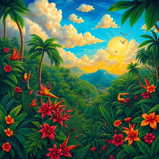 vivid rainforests, carnival atmosphere, vibrant colors, intricate details, lush foliage, rich cultural heritage, magical realism, Brazilian landscape, surreal clouds, tropical wildlife, Henri Rousseau influence, rhythmic movement, radiant sunlight, festive mood, intricate patterns, exotic birds, mythical elements, celebratory spirit, tropical flora, samba rhythm, enchanting scenery