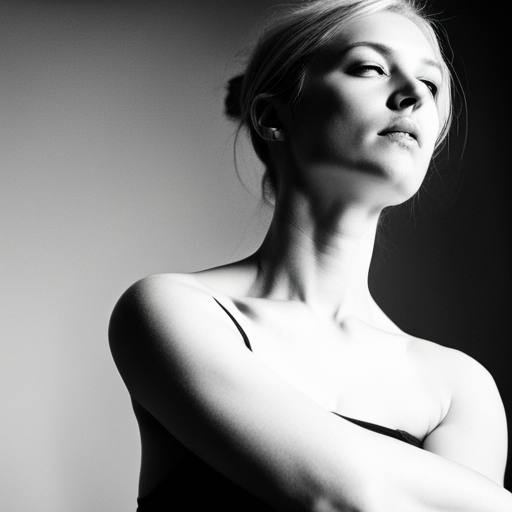 feminine strength, gracefulness, portrait, black and white, soft lighting, emotional expression, beauty, empowerment, contemporary, contrast, delicate features, monochrome, dramatic shadows, timeless elegance, classic, vintage, chiaroscuro, modernism