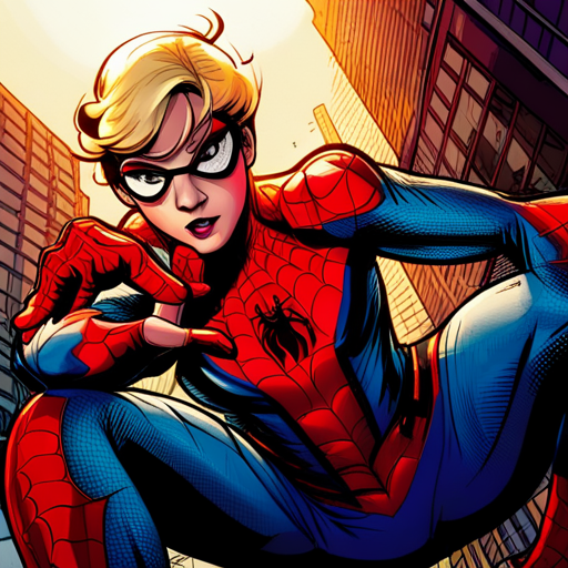 ghostspider, spiderman, superhero, Marvel, comic, illustration, action, dynamic, vibrant colors, web-slinging, arachnid, agility