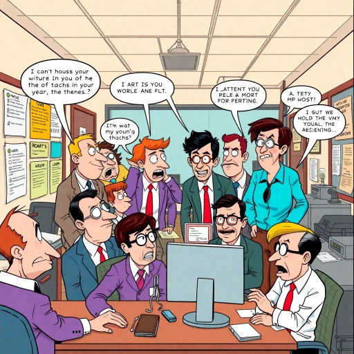 satirical workplace comedy, surreal humor, ensemble cast, bureaucratic chaos, 21st century pop culture, vibrant color palette, exaggerated expressions, dynamic panels, Roy Lichtenstein influences, witty dialogue, mundane office setting, everyday absurdities, overlapping story arcs, exaggerated caricatures, visual puns, contemporary Americana, awkward social interactions, humorous banter, slapstick elements, narrative vignettes, satirical undertones