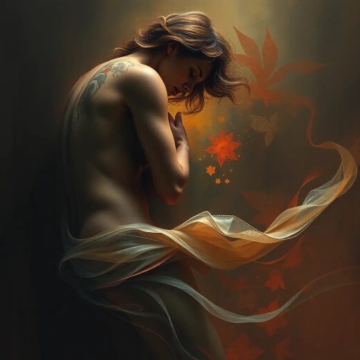 human form, graceful curves, expressive dynamics, emotional resonance, chiaroscuro lighting, soft hues, renaissance influence, vibrant undertones, ethereal presence, intimate setting, subtle textures, nuanced shading, abstract interpretation, fluid motion, emotional depth, romanticism, serene backdrop, organic forms, artistic exploration, baroque influences, harmonious composition