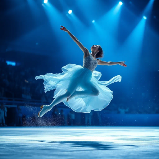 olympic figure skating, ethereal movement, dynamic motion, luminous blue, elegant choreography, azure hues, shimmering lights, impressionist glow, spectators in awe, graceful rotations, fluid lines, kinetic energy, atmospheric lighting, crystalline textures, contemporary art, artistic swirls, capturing momentum, visual rhythm, energetic ambiance, vibrant contrast, sense of balance, dramatic flair, impression of unity, reflective surface, vivid spectacle, artistic interpretation, cultural celebration