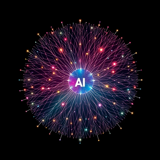 futuristic ai mind map, digital networks, interconnected nodes, vibrant colors, neural pathways, technology-inspired, abstract shapes, cybernetic theme, intricate patterns, artificial intelligence, contemporary design, computer graphics, minimalist aesthetic, dynamic flow, interconnected lines, data visualization, glowing elements, conceptual art, modern futurism, digital connectivity