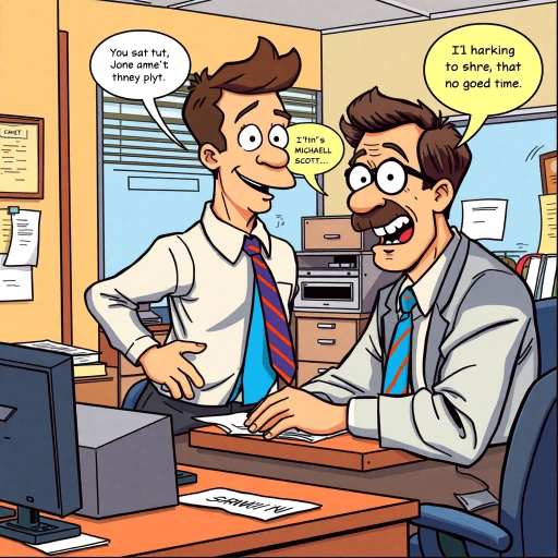 quirky office setting, Michael Scott character, humorous interaction, vibrant colors, bold line art, exaggerated expressions, visual comedy, The Office TV show, mockumentary style, playful narrative, iconic sitcom moments, satirical undertones, workplace dynamics, Steve Carell, contemporary satire, office hijinks, narrative storytelling, panel composition, dynamic poses, witty humor, character-driven plot