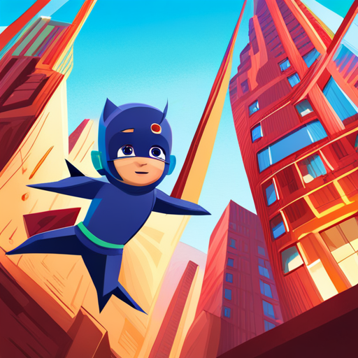 animated characters, children's television show, superhero, PJ Masks, cartoons, vibrant colors, action-packed, comic book style, dynamic poses, energetic, exaggerated expressions, adventurous, stylized animation