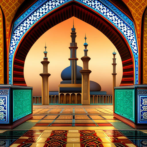 Two mosques, with a digital clock attached to each mosque, isometric view, architectural design, geometric shapes, Islamic architecture, minarets, domes, symmetry, arabesque patterns, calligraphy, marble flooring, arches, prayer halls, courtyard, spires, Islamic art, religious symbols, spiritual ambiance, golden accents, intricate details