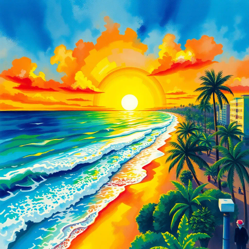 vibrant Brazilian coastline, Copacabana beach, tropical paradise, Rio de Janeiro sunlight, Henri Matisse influence, Fauvism, dynamic waves, palm trees, sunset glow, warm color palette, azure ocean, rhythmic patterns, lush greenery, Samba rhythm, lively atmosphere, aerial perspective, playful energy, watercolor textures, expressive brushstrokes, cultural richness, joyful ambiance, coastal breeze, horizon line, visual harmony, festive spirit, artistic interpretation