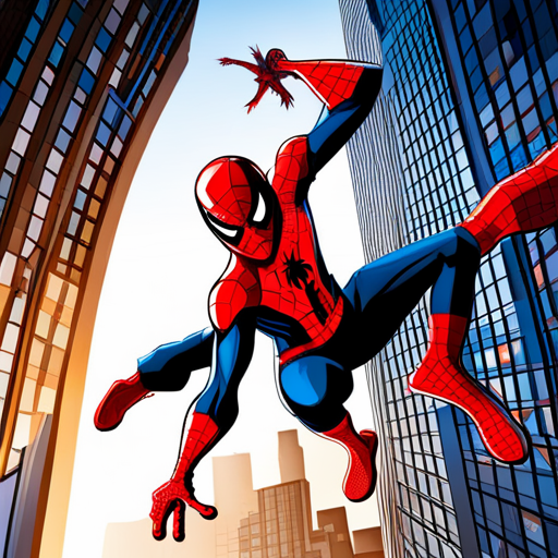 Spiderman, comic book, action, superhero, Marvel, web-slinging, New York City, skyscrapers, red and blue, dynamic poses, web shooters, agility, crime-fighting, mask, spandex suit, Peter Parker, web-swinging, high-flying, urban setting comic-book