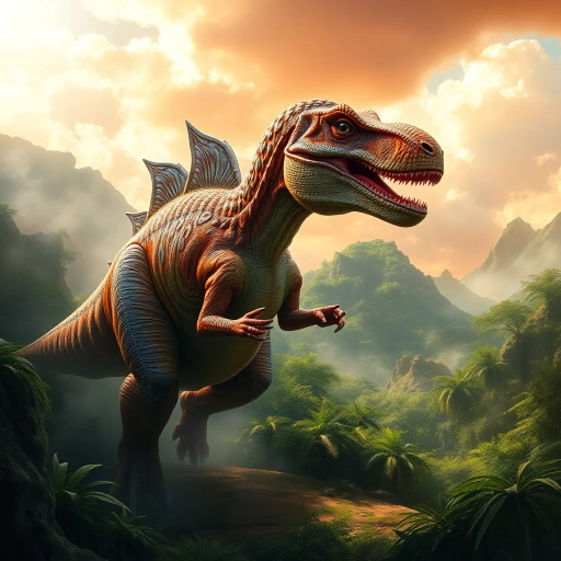 majestic dinosaur, roaming prehistoric landscapes, vibrant foliage, dappled sunlight, swirling mists, dramatic skies, intricate scales, dynamic posture, impressionist influence, surreal motion, ancient relics, vibrant green hues, ochre and terracotta earth tones, vivid imagination, towering presence, primordial era, natural history inspiration, fantasy realism, ethereal quality, grand scale, awe-inspiring, mystic aura, painterly effects, harmonious composition