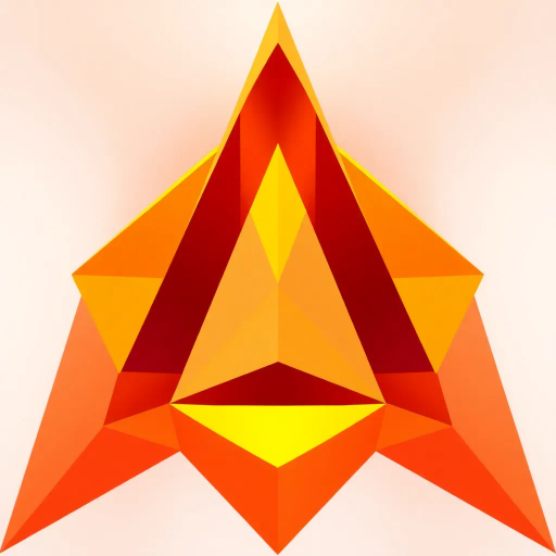 geometric abstraction, minimalist design, vibrant hues, sharp angles, triangles, polyhedral shapes, warm gradients, flat surfaces, modular arrangement, dynamic composition, abstract symbolism, digital sculpting, fiery essence, sleek aesthetics