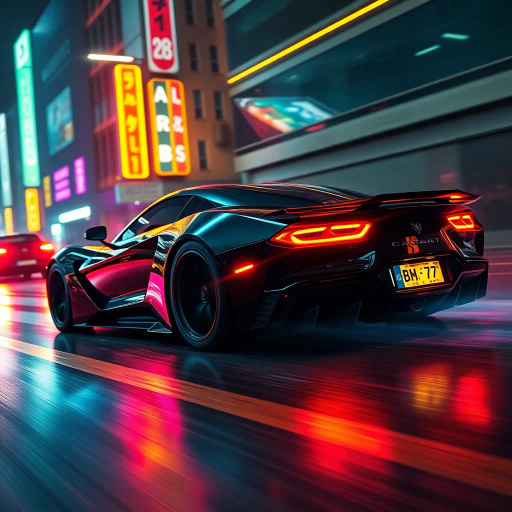 futuristic car design, sleek lines, chrome finish, vibrant neon highlights, dramatic lighting, dynamic movement, aerodynamic shape, retro-futurism, precision engineering, urban environment, concept art, high-tech materials, hyper-realistic detailing, modern aesthetics, speed and agility, metallic textures, ambient atmosphere, avant-garde composition, illuminated cityscape, art deco influences