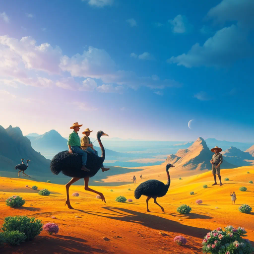 oasis, desert, surreal landscape, men riding cassowaries, Salvador Dali, fantastical, vibrant colors, soft light, mystical atmosphere, sweeping vistas, exotic flora, dynamic movement, imaginative creatures, dreamlike, cultural mythology, intricate details, sweeping landscapes, whimsical forms, symbolic elements, artistic fusion, mythical exploration, rich textures, otherworldly perspective