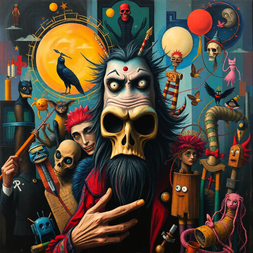 bold narrative, surrealism, contemporary twist, vibrant palette, expressive brushstrokes, dynamic composition, emotional depth, contrasting shadows, intricate textures, storytelling essence, pop culture influences, imaginative characters, playful motifs, symbolism, cultural tapestry, modern mythology, emotional resonance, fantasy elements, mysterious allure, whimsical aesthetics