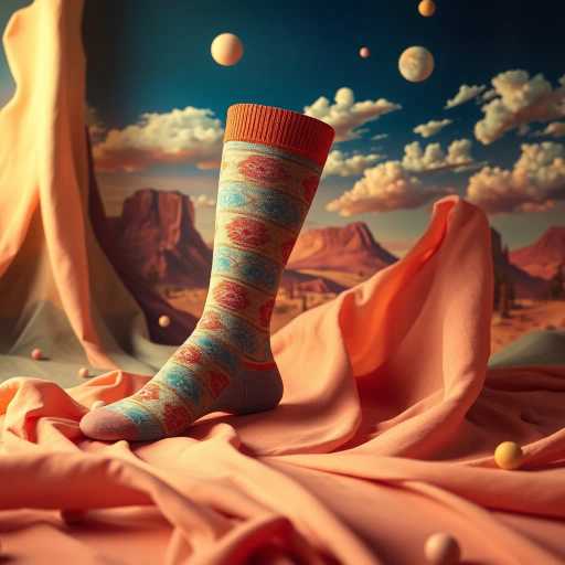 whimsical socks, surreal landscape, Salvador Dali influence, vibrant hues, dream-like setting, flowing fabric, detailed textures, playful patterns, pastel palette, soft lighting, imaginative forms, contemporary art, fluid movement, artistic spontaneity, playful spirit, surrealism elements, distorted reality, unexpected scale, fine details, unique presentation