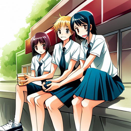 manga, Japanese art, school friends, friendship, youth, dynamic composition, expressive characters, flowing hair, school uniforms, shy girl, boyish boys, contrast, emotional connection, joyful, energetic, lively, manga artist, school setting, emotive facial expressions, detailed backgrounds, iconic poses, action-packed, adventurous, fun