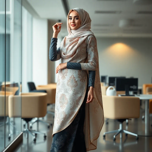 elegant Arab woman, professional attire, modern workplace, high heels, Middle Eastern influence, contemporary art style, intricate patterns, vibrant color palette, soft ambient lighting, cultural expression, dynamic posing, delicate textiles, confidence, empowerment, sophistication, grace, diverse cultural representation, cultural fusion, impressionism influences, human form depiction, balance and harmony, dynamic office environment, elegance, poise, detailed craftwork, modernism, cultural narrative, harmonious composition, vibrant textures