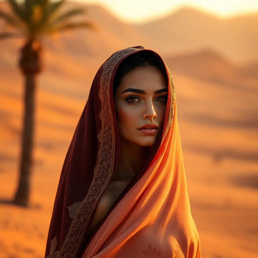 alluring Arab beauty, elegant poise, high heels, Henri Matisse and Yves Saint Laurent inspirations, modern elegance, desert oasis and professional setting, golden hour and chiaroscuro lighting, vibrant warm tones, luxurious textures, intricate and traditional Middle Eastern patterns, exotic allure, cultural richness, flowing lines, sensual movement, feminine power, refined and timeless grace, harmonious romantic ambiance, visual poetry, captivating and seductive composition, ethereal mood, desert mirage, artistic flair, expressive body language, sophisticated minimalism, textural contrast, dynamic perspective, poised demeanor, artistic serenity, contemporary realism, nuanced textures, stylish composition