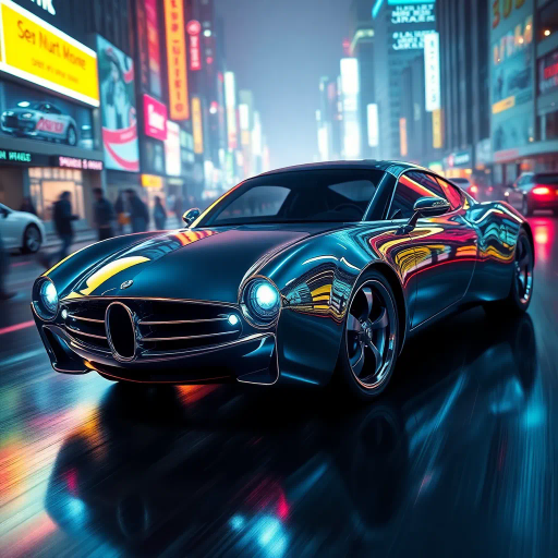 futuristic car design, sleek lines, chrome finish, vibrant neon highlights, dramatic lighting, dynamic movement, aerodynamic shape, retro-futurism, precision engineering, urban environment, concept art, high-tech materials, hyper-realistic detailing, modern aesthetics, speed and agility, metallic textures, ambient atmosphere, avant-garde composition, illuminated cityscape, art deco influences