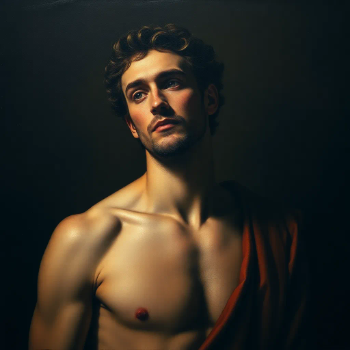 majestic portrait, enigmatic character, Johann Heinrich Füssli influence, chiaroscuro lighting, muted color palette, intricate textures, introspective mood, Renaissance era, dynamic pose, mythical symbolism, emotional depth, surreal elements, timeless contemplation, golden ratio composition, oil painting imitation, detailed facial expressions, dramatic shadows, ethereal atmosphere, introspective gaze, layered brushstrokes, historical influence, evocative storytelling, painterly quality