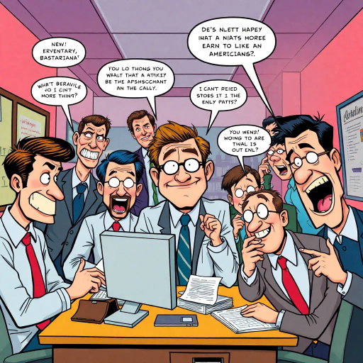 satirical workplace comedy, surreal humor, ensemble cast, bureaucratic chaos, 21st century pop culture, vibrant color palette, exaggerated expressions, dynamic panels, Roy Lichtenstein influences, witty dialogue, mundane office setting, everyday absurdities, overlapping story arcs, exaggerated caricatures, visual puns, contemporary Americana, awkward social interactions, humorous banter, slapstick elements, narrative vignettes, satirical undertones