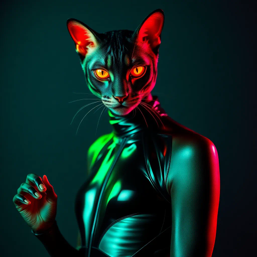 sleek catsuit design, high fashion, futuristic elements, vibrant neon lighting, dynamic pose, bold composition, metallic textures, sci-fi influence, Joan Miró inspiration, night cityscape, cyberpunk aesthetics, mysterious mood, playful elegance, abstract forms, intricate detailing, avant-garde style, fluid movements, bold color contrasts, surreal presentation, depth and layering, unconventional materials, reflections and shadows, elegant silhouette, imaginative realm, Salvador Dali, dreamlike atmosphere, geometric precision, fluid dynamics, visual storytelling, abstract surrealism, enigmatic expressions, ethereal glow, kaleidoscopic patterns, reflective surfaces, overlapping dimensions, contrasting hues, multidimensional perspective, spatial depth, imaginative narrative