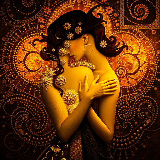 seductive allure, vibrant colors, ethereal lighting, Art Nouveau influence, dramatic curves, soft textures, sensuality, Gustav Klimt inspiration, flowing forms, luxurious detail, romantic mood, intimate ambiance, chiaroscuro, expressive movement, visual poetry, surreal elements, captivating gaze, rich fabric, elegant composition, timeless appeal, fluid lines, emotional depth