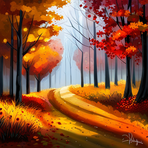 autumn, foliage, colors, golden hour, nature, landscape, impressionism, warm tones, atmospheric, tranquility, fall, season, harvest, harvest moon, misty, earthy, rustic, vibrant, cozy, nostalgic, picturesque, serenity, solitude, melancholy, fall foliage, golden sunlight, misty mornings, pumpkin patches, cozy sweaters, crisp air, changing leaves, bonfire gatherings