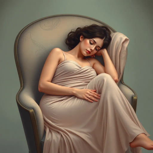 tranquil scene, woman, sleeping, seated on chair, delicate posture, soft ambient light, serene expression, gentle repose, impressionist touch, pastel colors, dreamlike atmosphere, elegant curves, calming mood, ethereal glow, romanticism, calm tranquility, subtle shadows, relaxed muscles, atmospheric depth, peaceful dreamscape, soothing composition, reposed stillness, intimate setting, classical influence, fine details, harmonious balance, reflective bliss, soothing aura