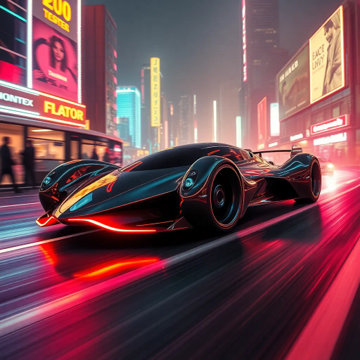 futuristic car design, sleek lines, chrome finish, vibrant neon highlights, dramatic lighting, dynamic movement, aerodynamic shape, retro-futurism, precision engineering, urban environment, concept art, high-tech materials, hyper-realistic detailing, modern aesthetics, speed and agility, metallic textures, ambient atmosphere, avant-garde composition, illuminated cityscape, art deco influences