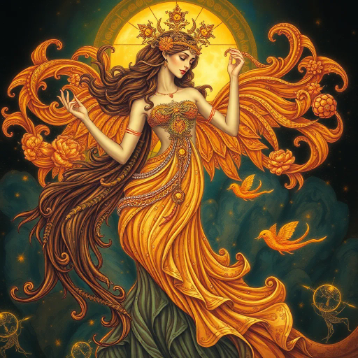 mythical, majestic, strength, empowerment, femininity, elaborate, intricate, Gustav Klimt, surrealism, ethereal glow, warm tones, flowing forms, organic curves, rich textures, celestial, moonlit, divine essence, gracefulness, ancient symbolism, empowering, timeless beauty, vibrant, lush, magical realism, mysterious allure, enchanted, whimsical