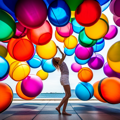 vibrant colors, floating, cheerful, celebration, joyous, whimsical, childhood memories, summer, outdoor, sky, clouds, sunny day, playfulness, festive, party, happiness