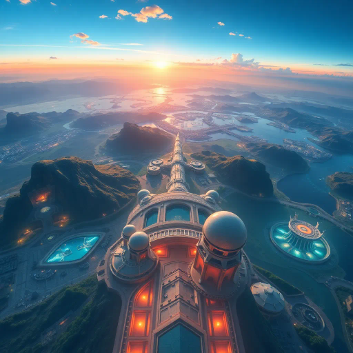 aerial perspective, serene landscapes, futuristic architecture, luminous lighting, vibrant colors, detailed textures, dynamic composition, sweeping vistas, realism meets abstraction, intricate geometrics, Claude Monet's influence, impressionistic touches, expansive horizons, tranquil movement, natural harmony, organic forms, modern minimalism, symbolic nature, ethereal presentation, high-definition clarity