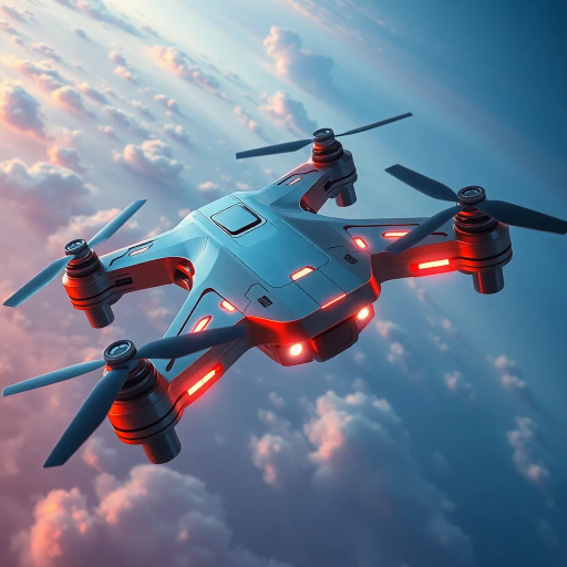 futuristic technology, aerial perspective, sleek design, Da Vinci influence, techno-surrealism, metallic textures, dreamlike skies, glowing accents, dynamic composition, hyper-realistic detailing, vibrant color palette, modernism meets integration, innovative engineering, emotional resonance, exploration of scale, high-contrast lighting, contemporary mood, minimalistic shapes, seamless symmetry, cutting-edge innovation, science fiction elements, intricate drone architecture, visionary artistry