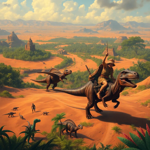 prehistoric panorama, primitive attire, dinosaur riders, lush oasis, expansive desert horizon, rich earth tones, dynamic movement, exotic creatures, evocative storytelling, dramatic perspective, intricate textures, vibrant foliage, Henri Rousseau influences, adventure and exploration mood, expansive scale, mythical landscape, vibrant colors, ancient civilizations, naturalistic detail, imaginative scene, atmospheric lighting