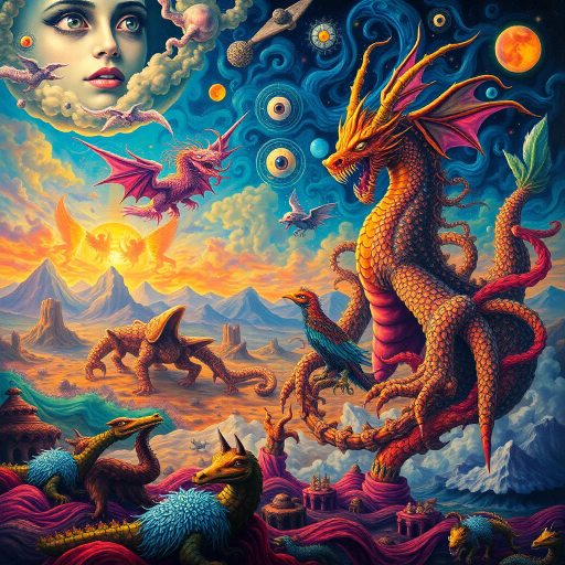 surrealism, imaginative, vibrant colors, dynamic forms, mythical creatures, expansive landscapes, intricate patterns, storytelling, cultural mythologies, dreamlike sequences, dramatic lighting, flowing movement, symbolic elements, visionary art, ethereal atmosphere, poetic expressions, magical realism, mythical narratives, legendary figures, allegorical themes