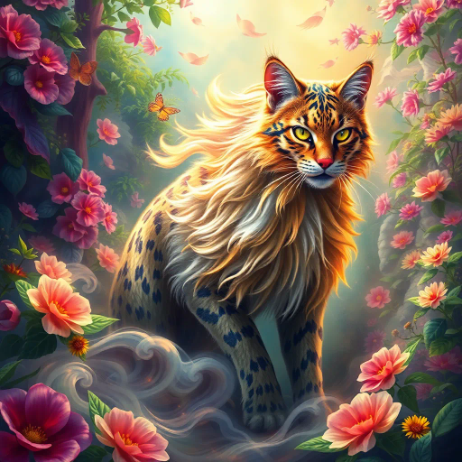 majestic feline, surreal garden, vibrant colors, luminescent lighting, detailed fur texture, flowing movement, renaissance influence, mystical realm, vivid imagination, intricate patterns, serene mood, nature blending, mythical creature, hyper-realism, dreamlike atmosphere, expansive composition, bold contrasts, enchanting aura, natural elements, elevated perspective