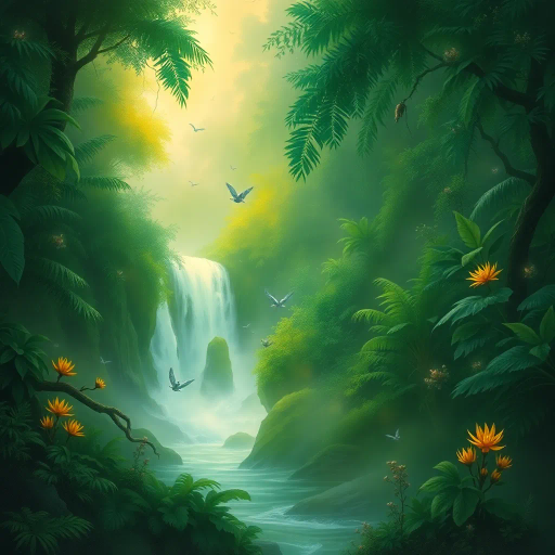 verdant landscapes, surreal ecosystems, vibrant flora, cascading waterfalls, mystical forests, ethereal creatures, afternoon sunlight, impressionist brushstrokes, mythical ambiance, Arthur Rackham influence, soft pastels, enchanted realism, intricate foliage patterns, magical realism, harmonious balance, tranquility, lush greenery, dreamlike quality, natural harmony, eco-fantasy narrative