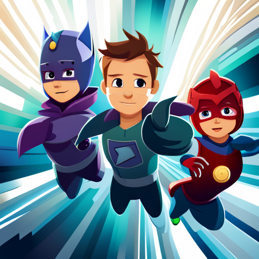 animated characters, children's television show, superhero, PJ Masks, cartoons, vibrant colors, action-packed, comic book style, dynamic poses, energetic, exaggerated expressions, adventurous, stylized animation