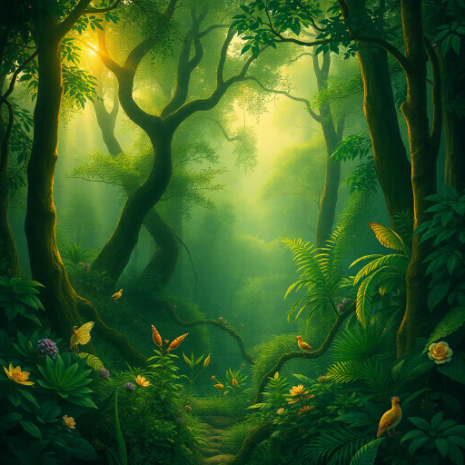 lush forests, mythical creatures, vibrant flora, Claude Monet, ethereal atmosphere, golden hour light, intricate patterns, vivid colors, enchanted landscapes, surreal elements, dreamlike, whimsical mood, magical realism, expansive vistas, Renaissance influence, detailed foliage, flowing rivers, soft textures, twilight glow, mystical ambiance, narrative composition, harmonious balance, imaginative world