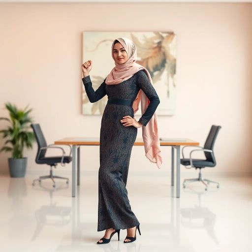 Arab woman, elegant hijab, professional setting, modern workplace, high heels, Middle Eastern culture, contemporary art, intricate patterns, vibrant colors, soft lighting, dynamic pose, cultural expression, delicate fabrics, office environment, confident demeanor, sophisticated fashion, grace and poise, diverse representation, cultural fusion, empowerment, modernism, Impressionism influences, human form, balance and harmony, Henri Matisse, modern elegance, intricate textile patterns, vibrant aesthetic, global influence, artistic expression, dignity and strength, atmospheric composition, elegant lines, harmonious palette, seamless integration, modern artistry