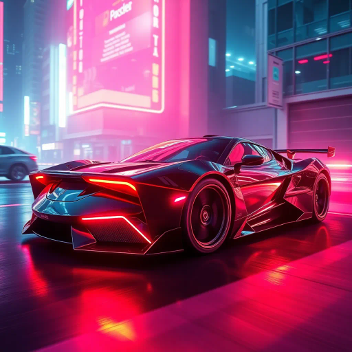 futuristic car design, sleek lines, chrome finish, vibrant neon highlights, dramatic lighting, dynamic movement, aerodynamic shape, retro-futurism, precision engineering, urban environment, concept art, high-tech materials, hyper-realistic detailing, modern aesthetics, speed and agility, metallic textures, ambient atmosphere, avant-garde composition, illuminated cityscape, art deco influences